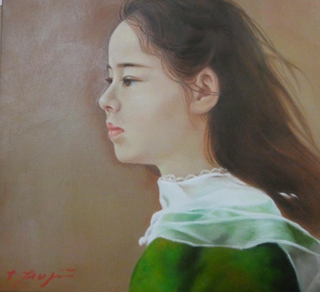 ドフラ絵画　油絵 人物 藤井勉「微風」 サイン 額装済み 肉筆手描き F6