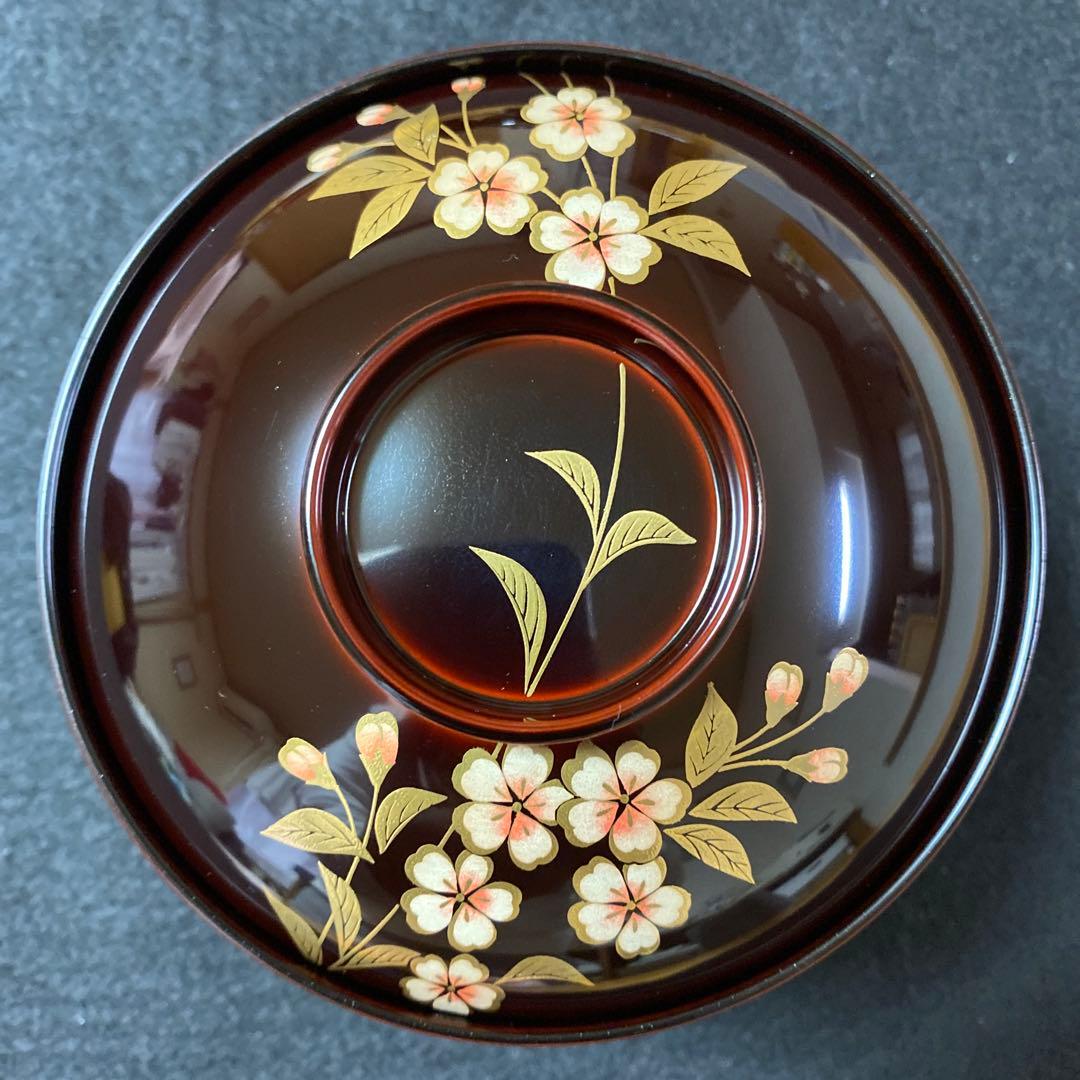 山中塗　北市漆器　円山吸物碗　溜色　桜　五客 蓋付き碗　汁碗　蓋物　雑煮碗　漆器