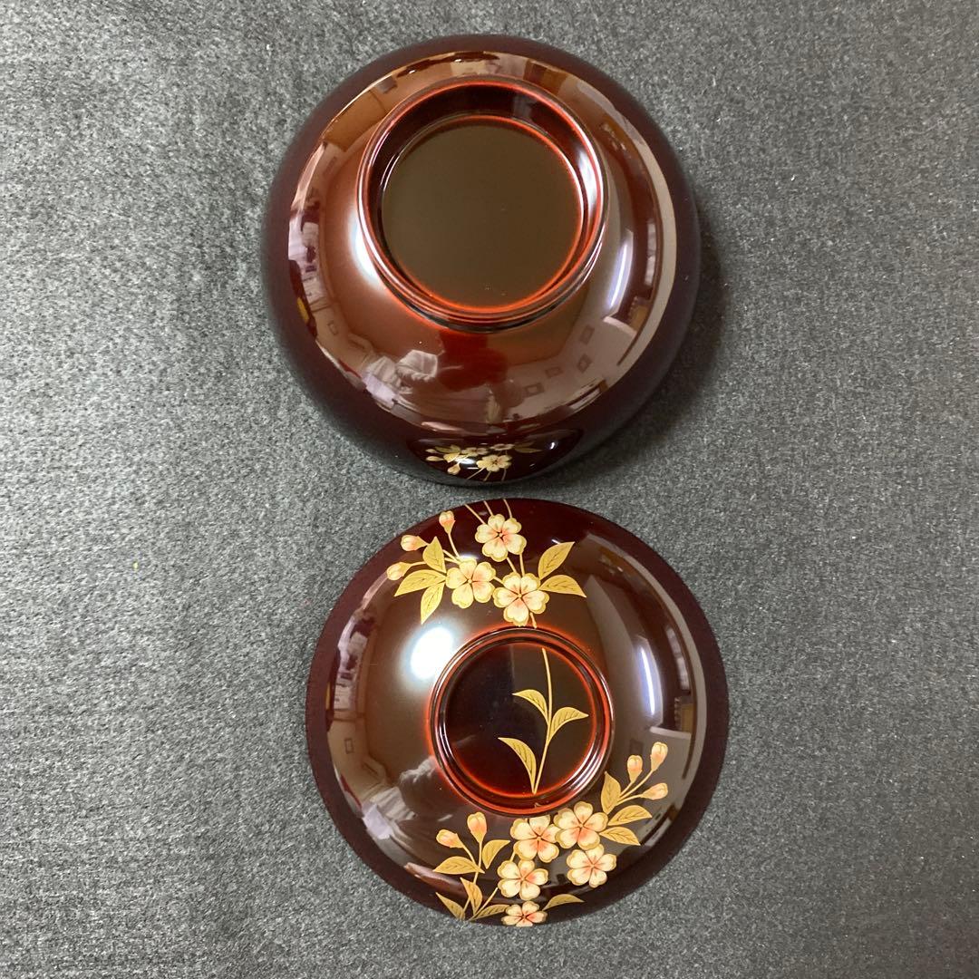 山中塗　北市漆器　円山吸物碗　溜色　桜　五客 蓋付き碗　汁碗　蓋物　雑煮碗　漆器