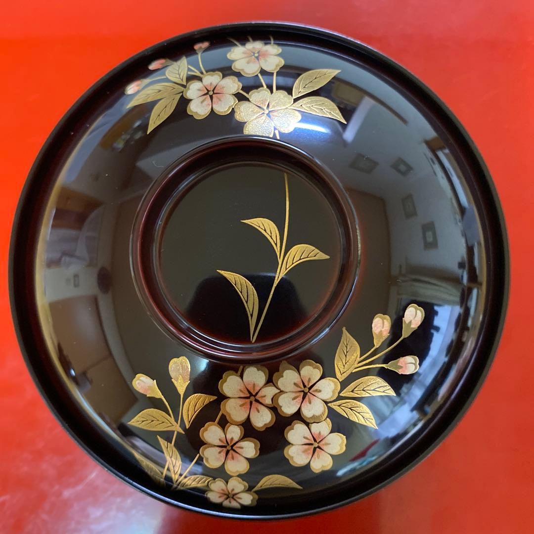 山中塗　北市漆器　円山吸物碗　溜色　桜　五客 蓋付き碗　汁碗　蓋物　雑煮碗　漆器