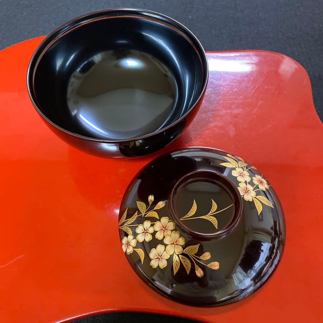 山中塗　北市漆器　円山吸物碗　溜色　桜　五客 蓋付き碗　汁碗　蓋物　雑煮碗　漆器