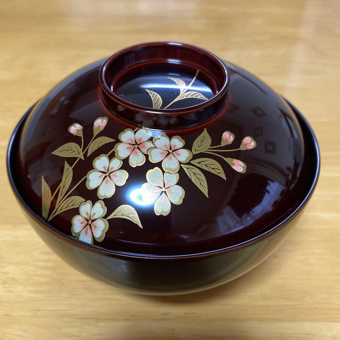 山中塗　北市漆器　円山吸物碗　溜色　桜　五客 蓋付き碗　汁碗　蓋物　雑煮碗　漆器