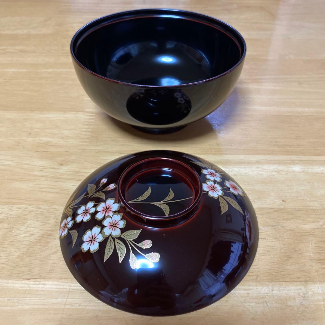 山中塗　北市漆器　円山吸物碗　溜色　桜　五客 蓋付き碗　汁碗　蓋物　雑煮碗　漆器