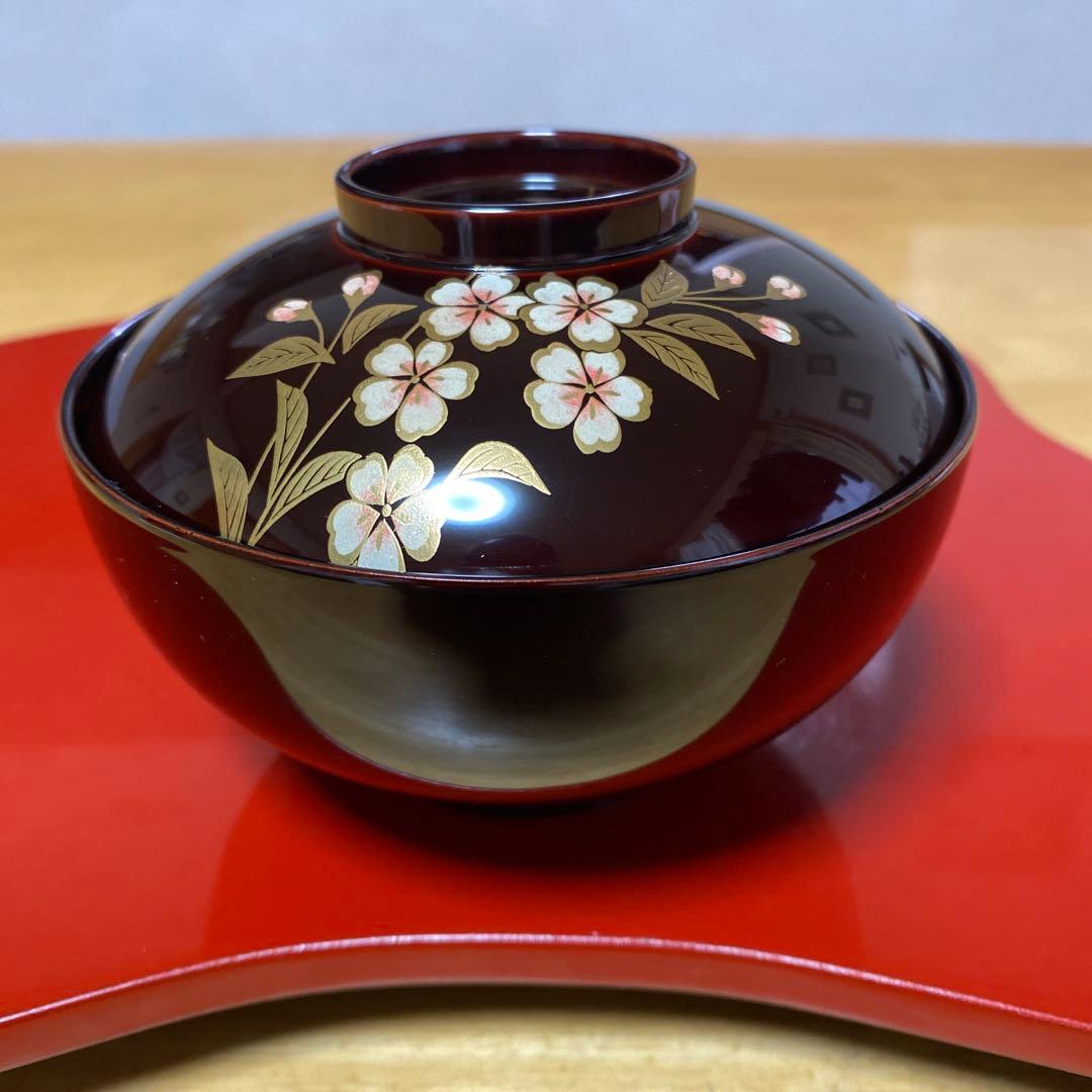 山中塗　北市漆器　円山吸物碗　溜色　桜　五客 蓋付き碗　汁碗　蓋物　雑煮碗　漆器