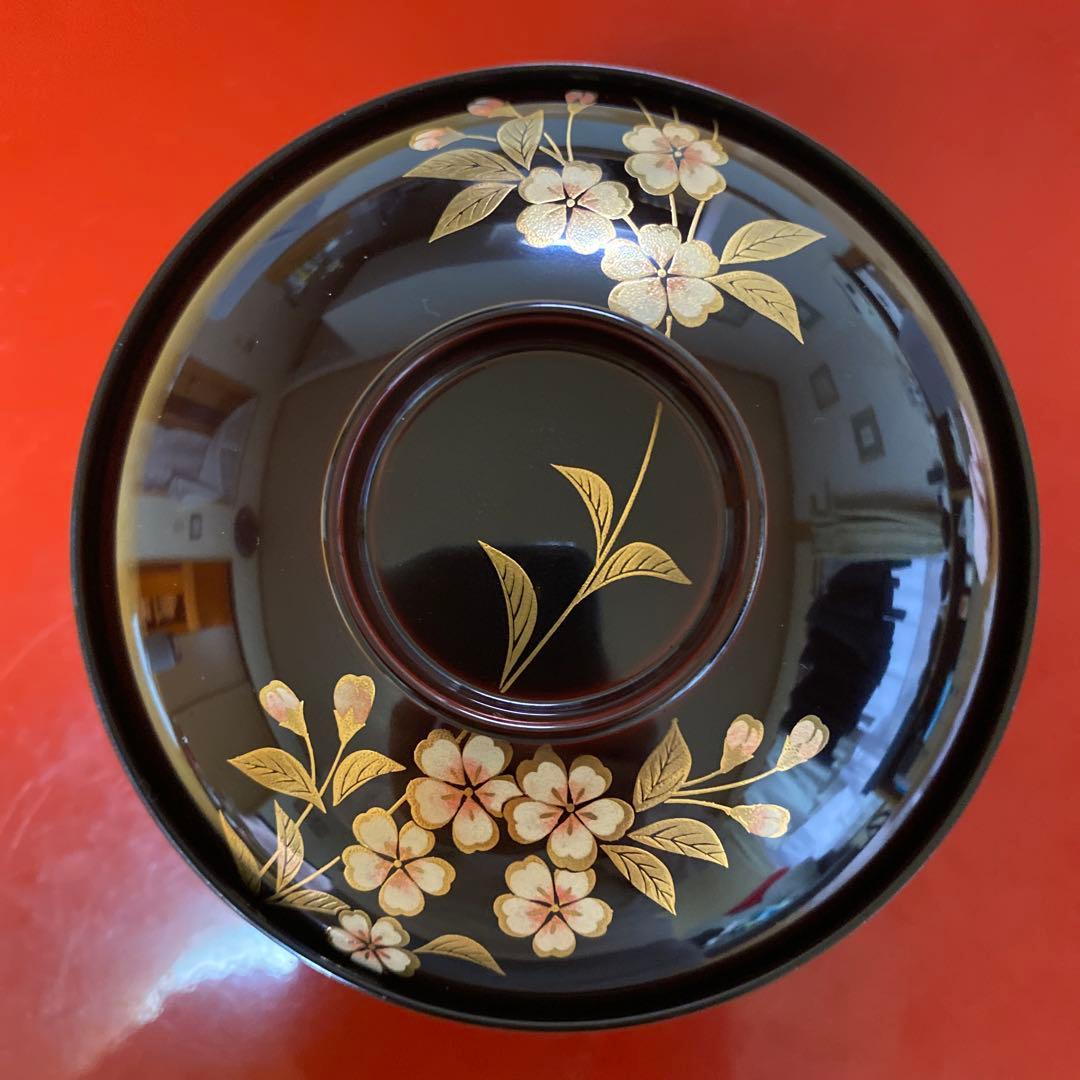山中塗　北市漆器　円山吸物碗　溜色　桜　五客 蓋付き碗　汁碗　蓋物　雑煮碗　漆器