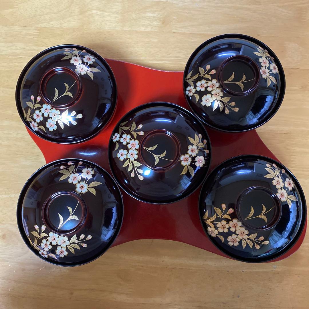 山中塗　北市漆器　円山吸物碗　溜色　桜　五客 蓋付き碗　汁碗　蓋物　雑煮碗　漆器