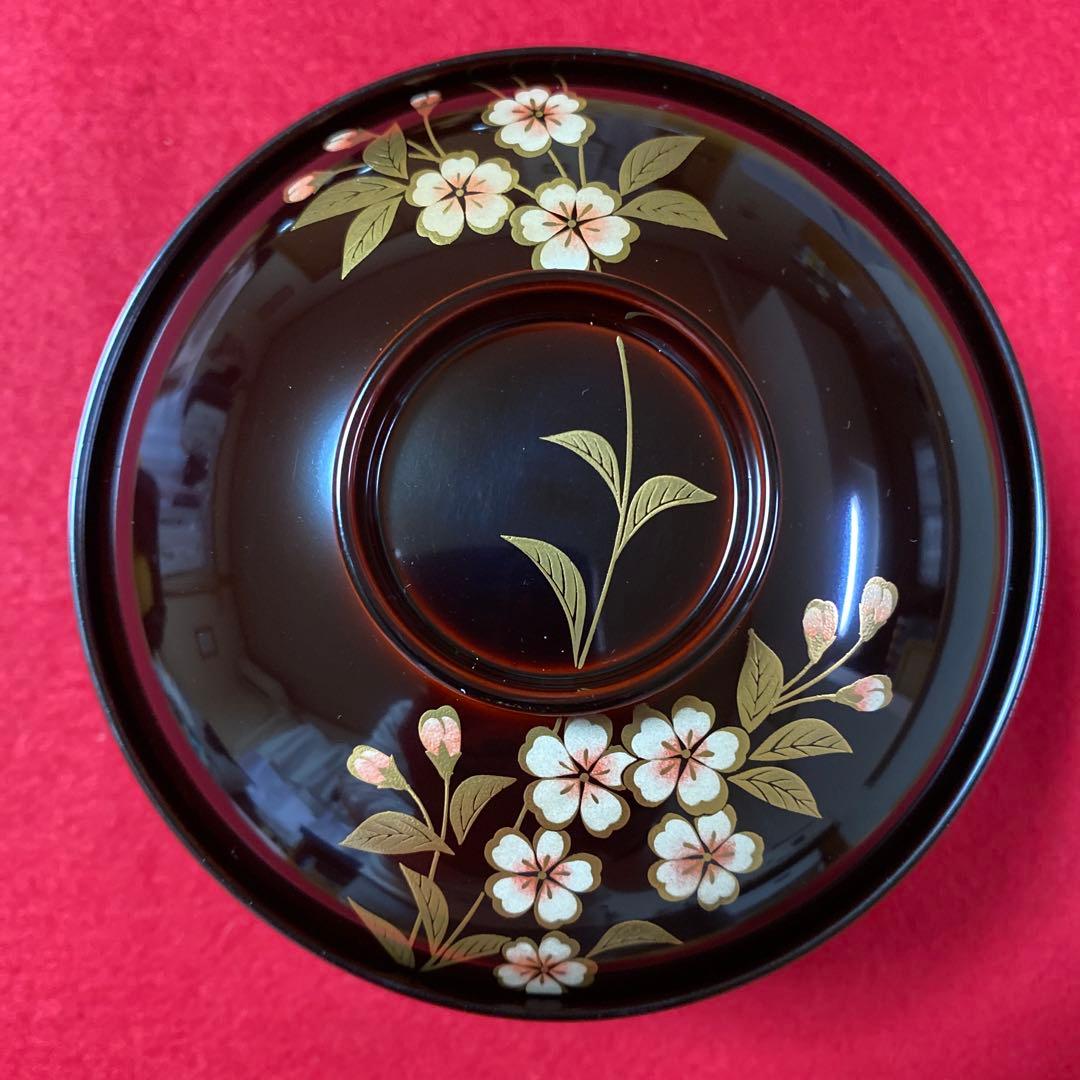 山中塗　北市漆器　円山吸物碗　溜色　桜　五客 蓋付き碗　汁碗　蓋物　雑煮碗　漆器