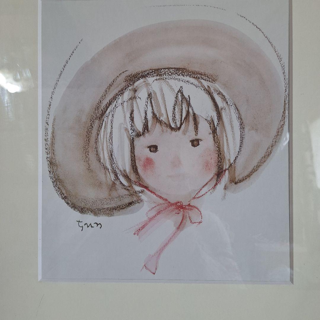 【美品・額装】いわさきちひろ 複製色紙 「大きな帽子の子」 公式作品 額縁付