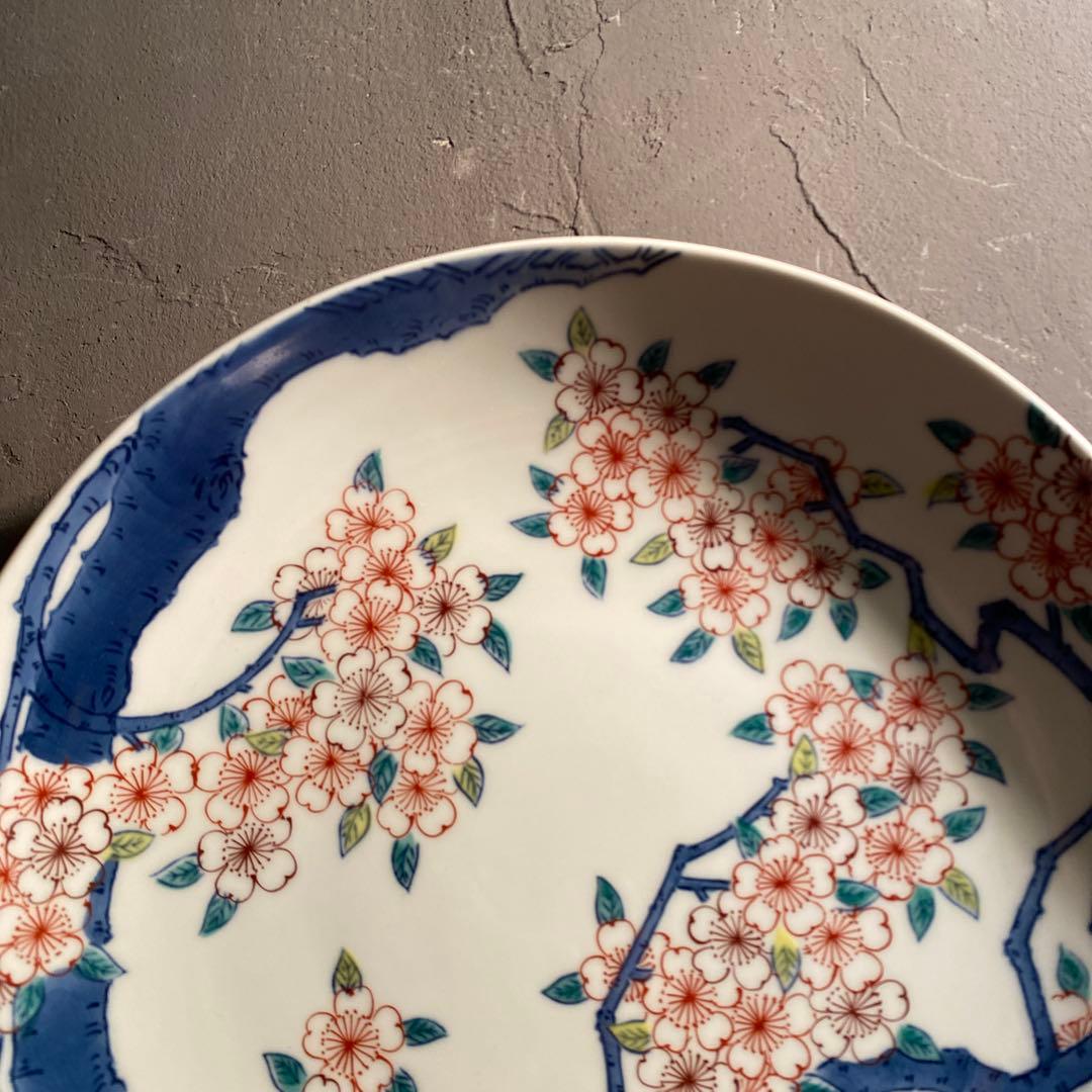 伊万里焼 色鍋島高台皿 船津彩雲 31cm大皿 共箱付き 古伊万里 骨董品 桜文