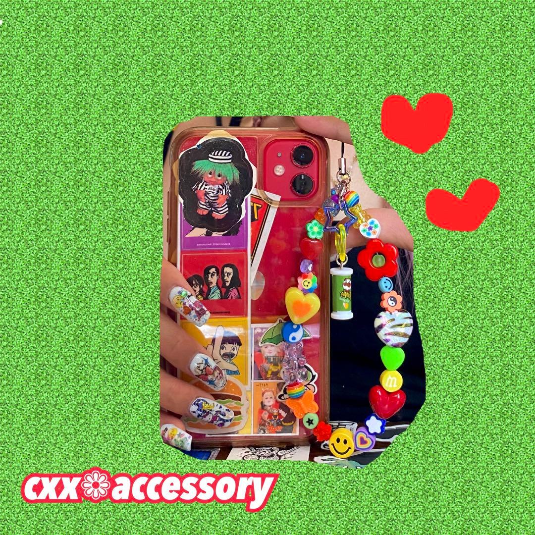 【s-216】ビーズストラップ スマホ❁ニコちゃん カラフル 個性的古着韓国