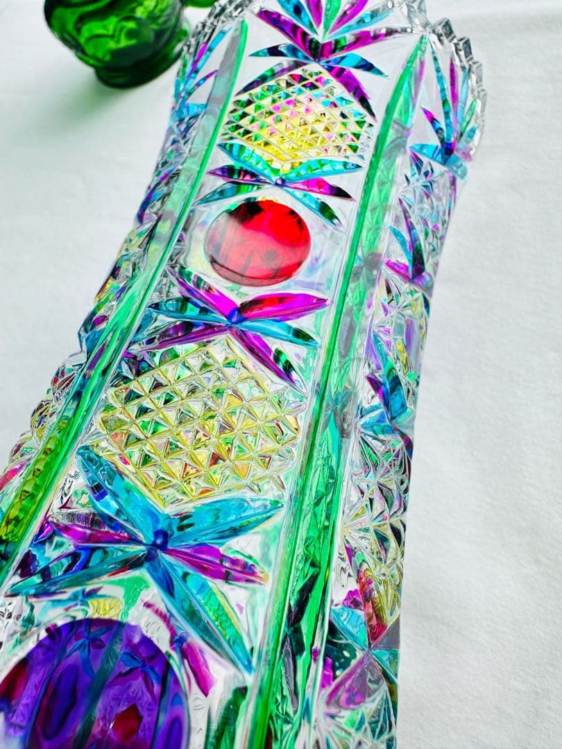 Vintage Cut Glass Vaseレトロ ガラス 花瓶 ステンドグラス