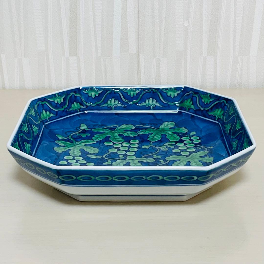 有田焼 源右衛門 緑彩葡萄絵 方皿 深皿 ぶどう