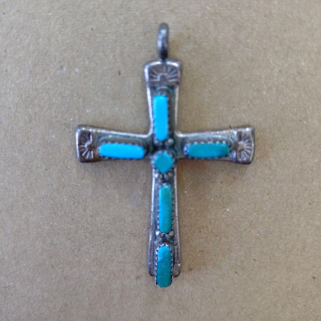 ズニ族 ターコイズ クロス ペンダントトップ インディアンジュエリー シルバー