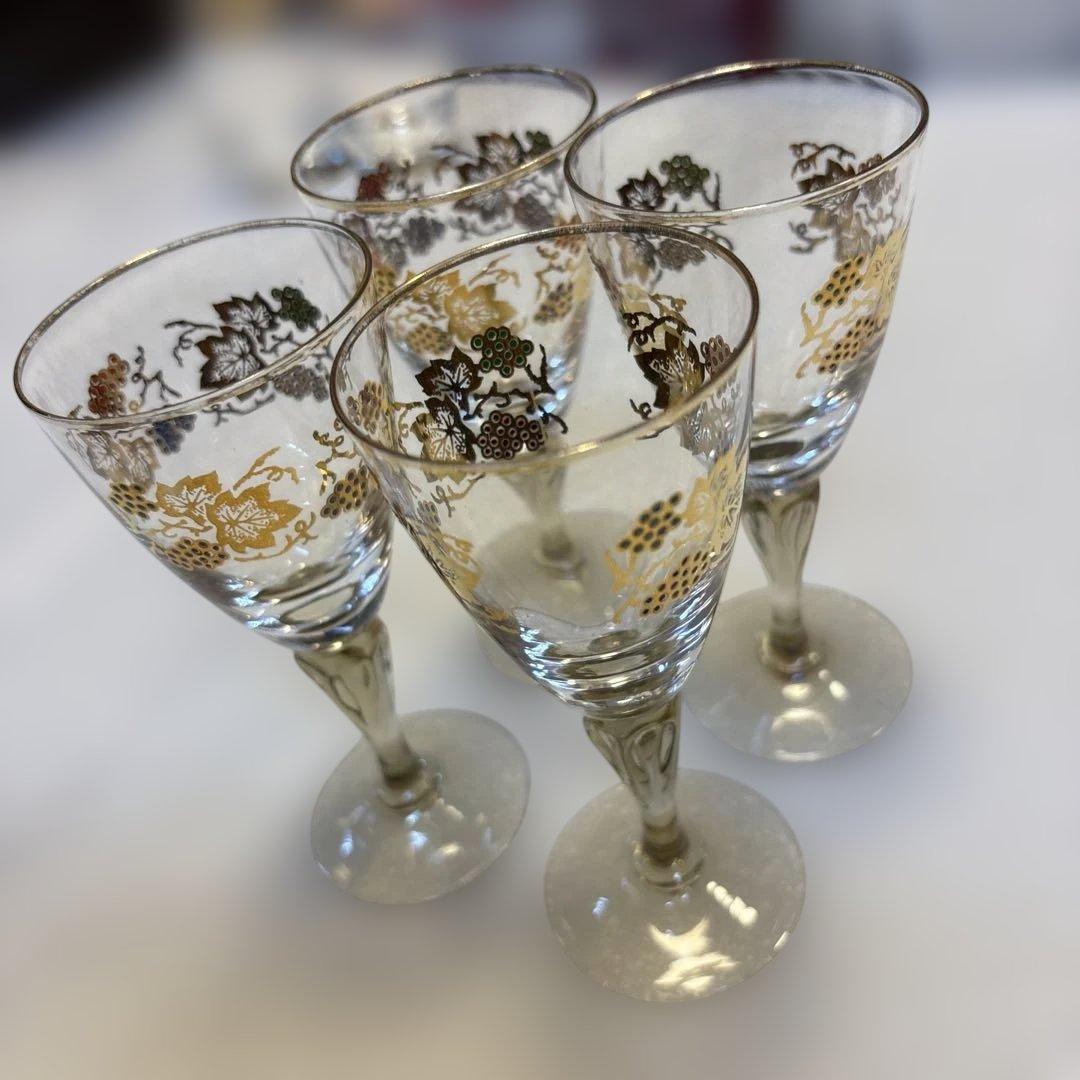 ぶどう模様のガラスワイングラス 4個セット　金彩　QW4664