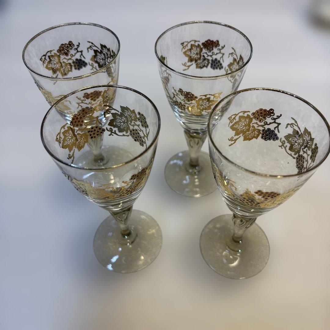 ぶどう模様のガラスワイングラス 4個セット　金彩　QW4664