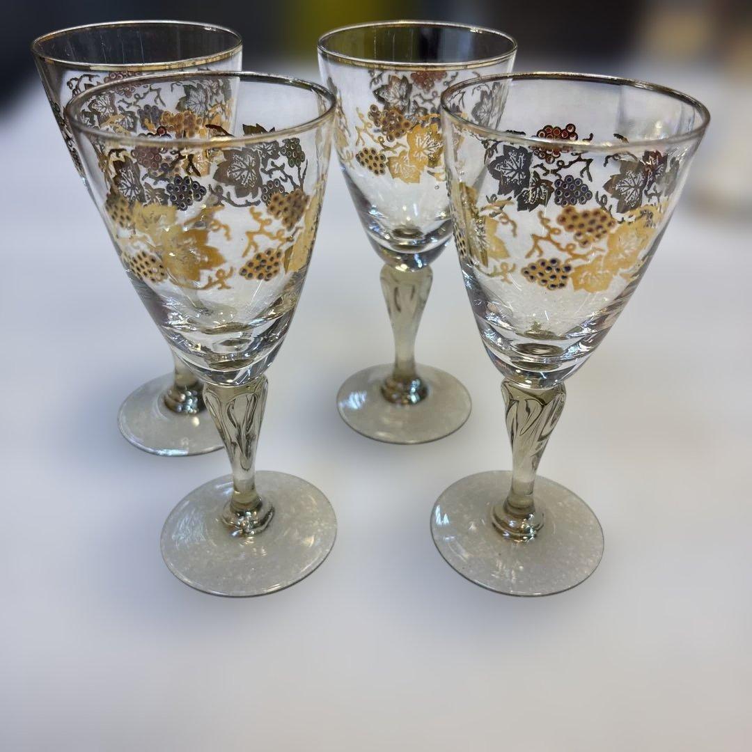 ぶどう模様のガラスワイングラス 4個セット　金彩　QW4664