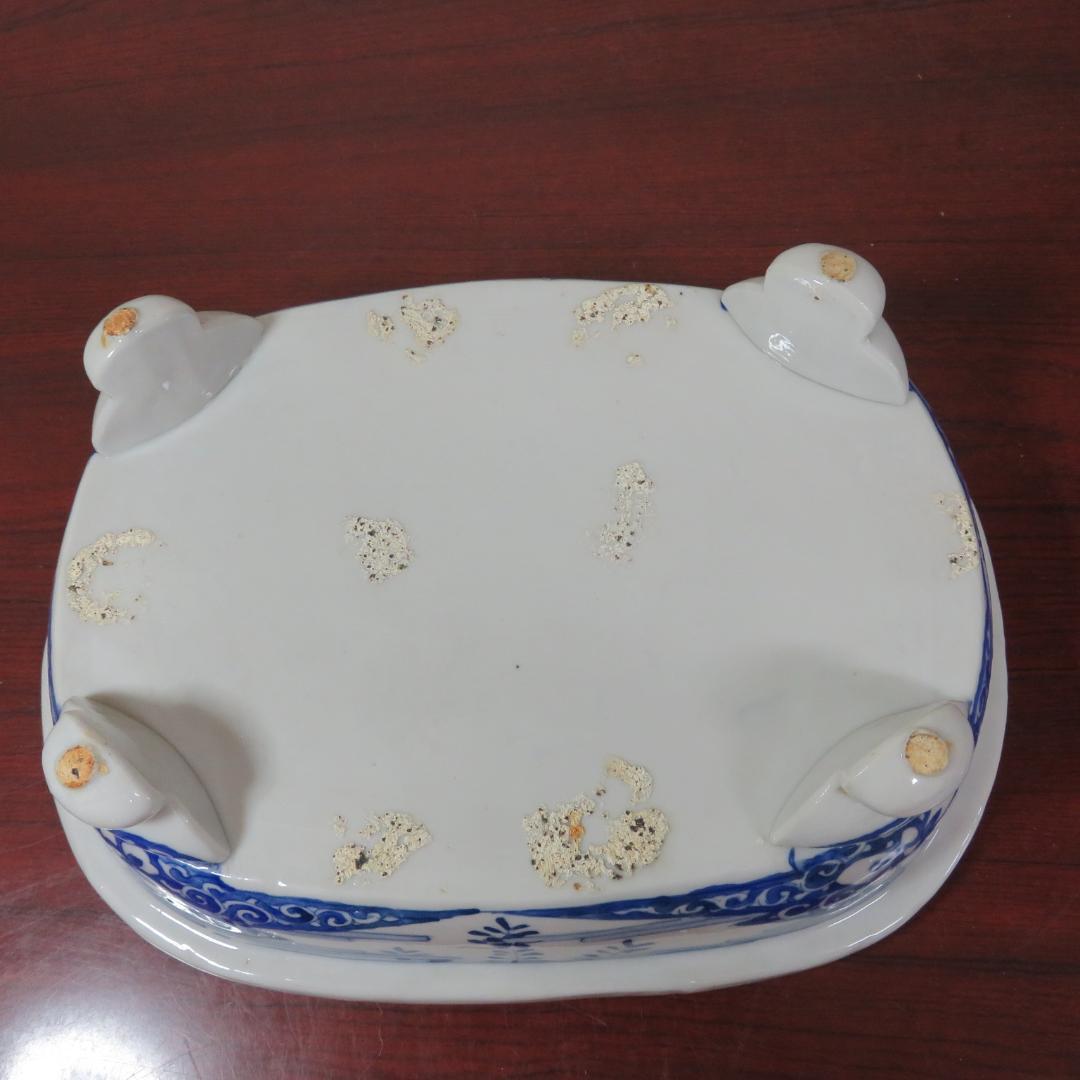 水盤 染付 蛸唐草文様 4つ足 盆栽鉢 花器 フラワーベース