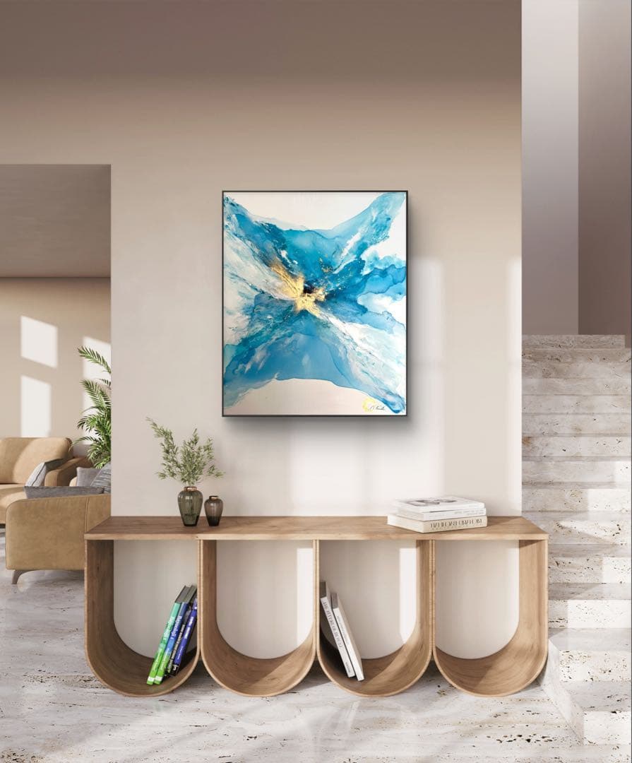 原画/額装済み/和風/禅/絵画/アート/抽象画/モダン/ホテル/青/ゴールド