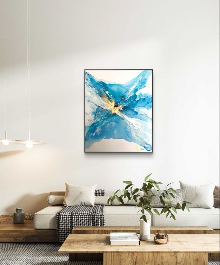 原画/額装済み/和風/禅/絵画/アート/抽象画/モダン/ホテル/青/ゴールド