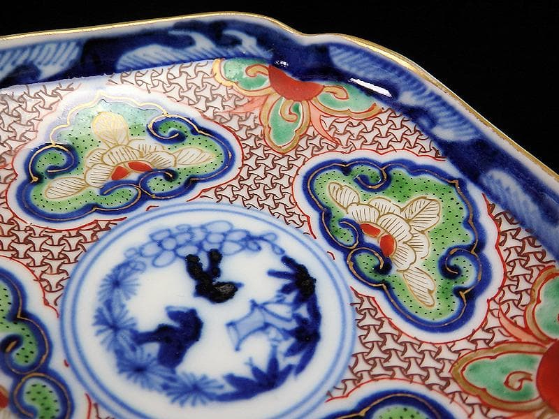 大聖寺伊万里 　毘沙門亀甲紋に松竹梅の図 縁高角皿　5枚　C775AS-BUj