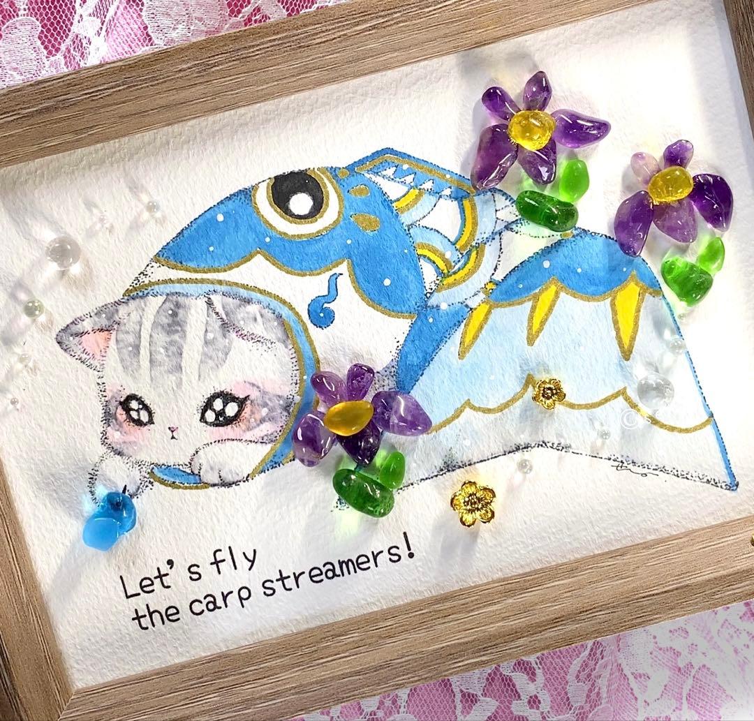 1476 ５月の鯉のぼり 猫絵 原画 シーグラスアート インテリア 玄関飾り