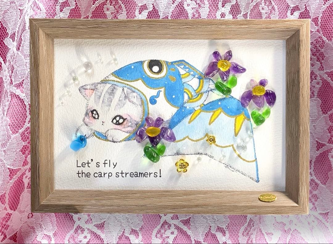 1476 ５月の鯉のぼり 猫絵 原画 シーグラスアート インテリア 玄関飾り