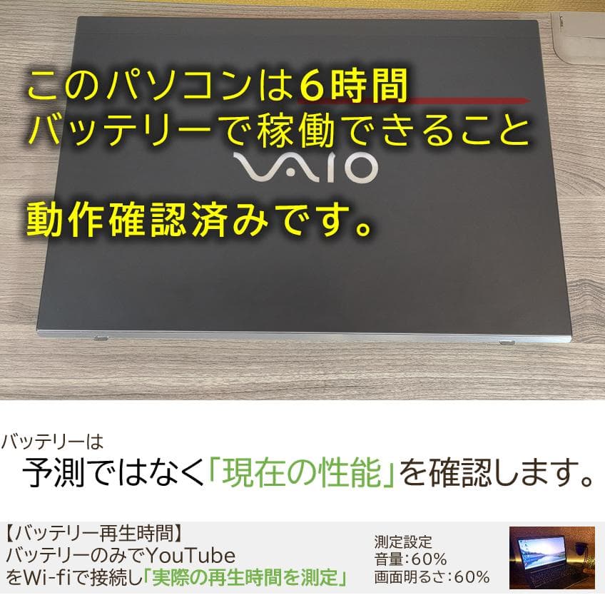 【高速＆軽量】バッテリー6時間以上オフィス付きVAIOノートパソコン win11