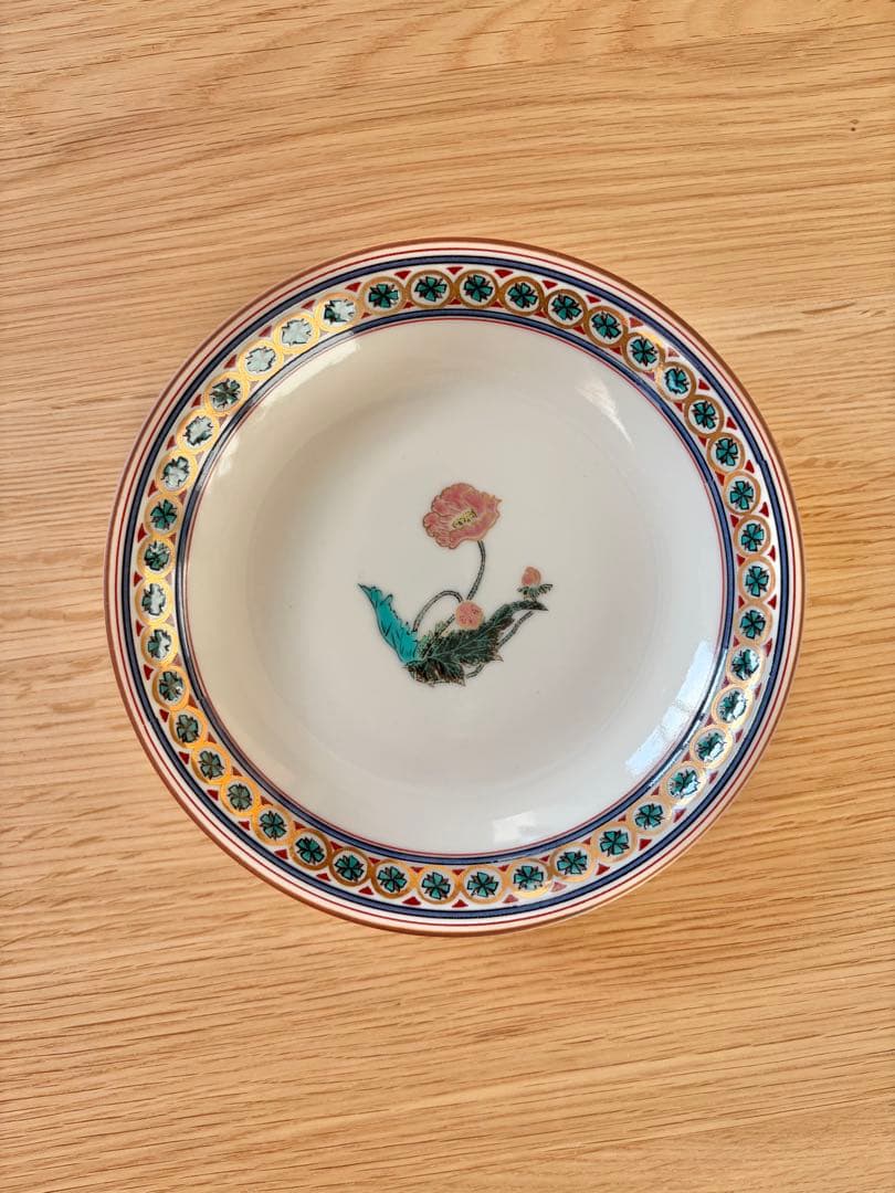 【新品未使用】九谷焼　青郊窯　金彩草花絵変り　5号　中皿　5枚入り　花柄　箱あり