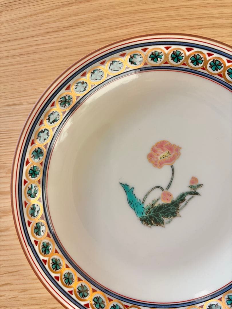 【新品未使用】九谷焼　青郊窯　金彩草花絵変り　5号　中皿　5枚入り　花柄　箱あり