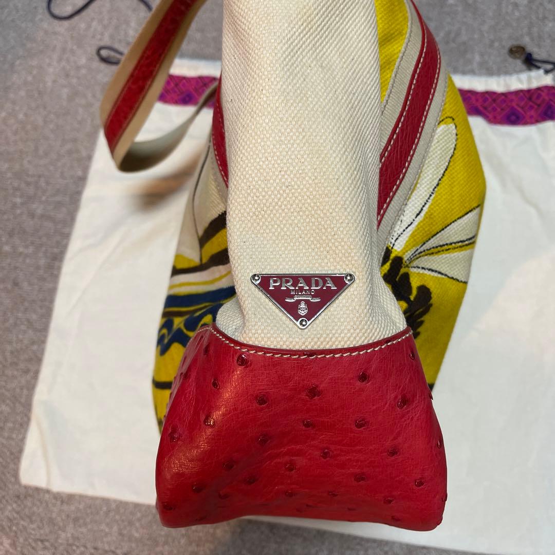 プラダ、美品 キャンパスオストリッチ ビッグトートバック