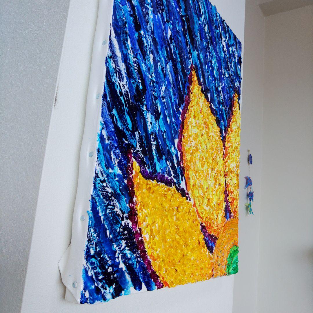 アクリル画 花 ヒマワリ　夏　青　黄色　テクスチャーアート　原画　一点もの
