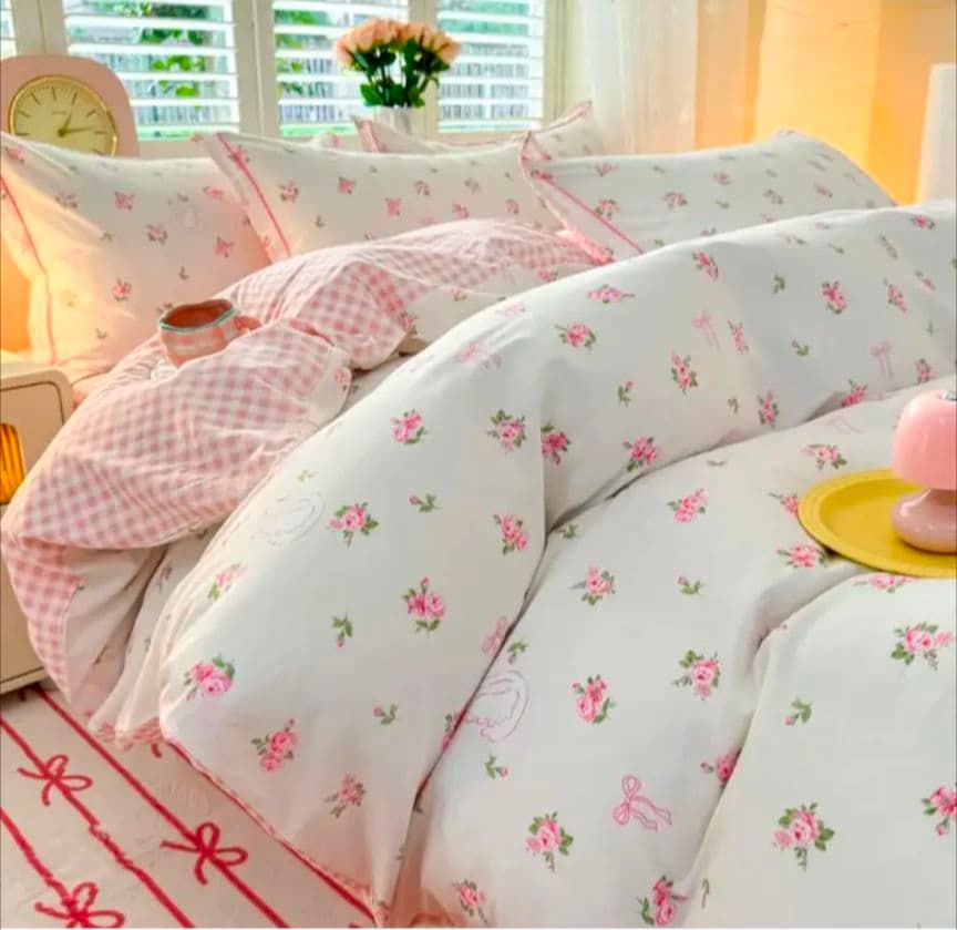 新品★薔薇リボン白鳥ギンガムチェック綿100%シングルカバー掛布団カバー枕カバー