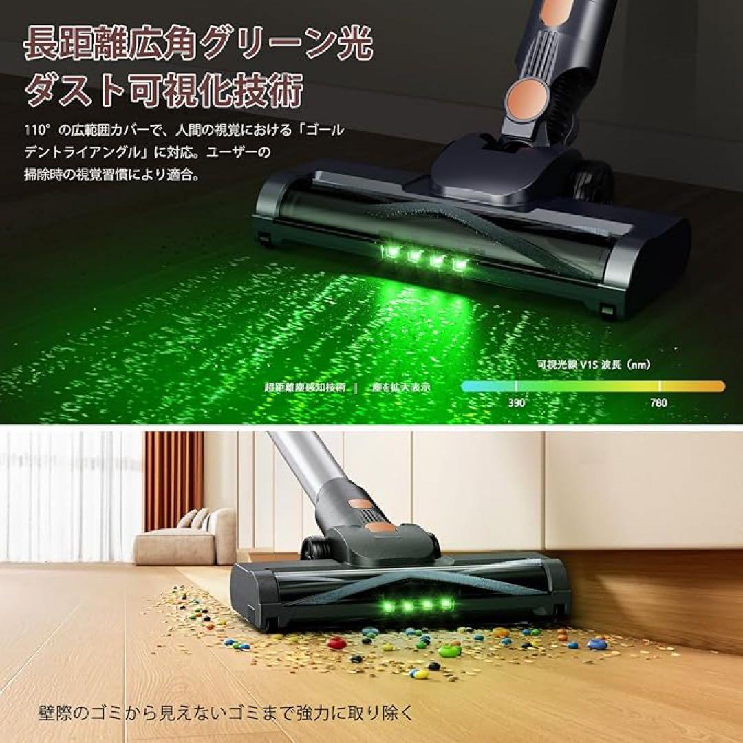 掃除機 コードレス　75Kpa　自立式　充電スタンド　グリーンLEDライト