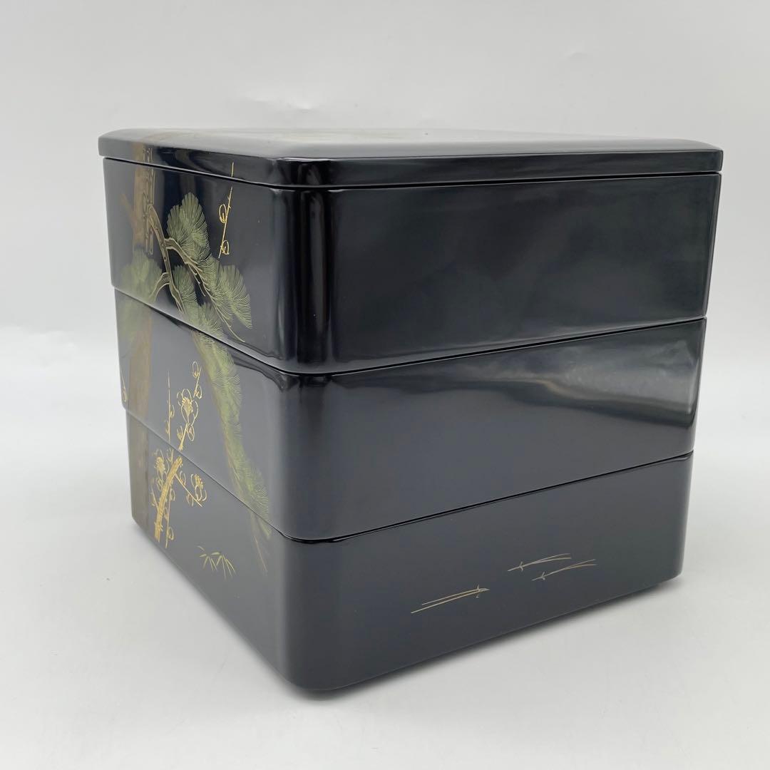 重箱　黒六五三段本重　松竹梅沈金　天然木　漆器　目黒廣太謹製