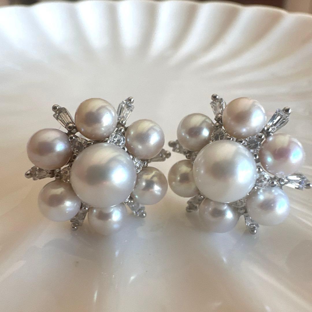 #B355 約6mmと4mm天然淡水本真珠ピアス　シルバー925金具