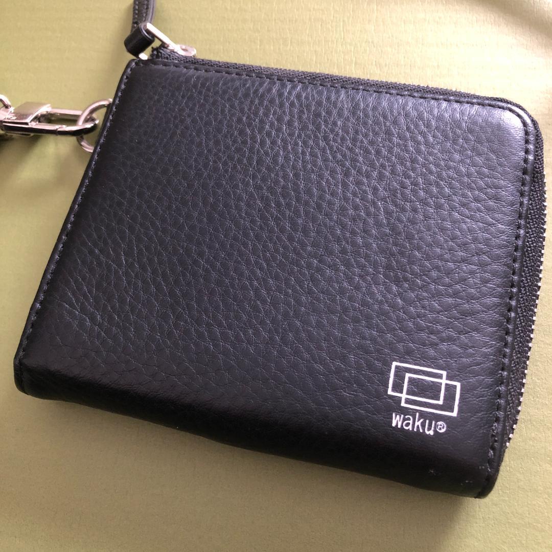WAKU ネックウォレット コンパクト 財布 黒 ブラック レザー 革 小さい