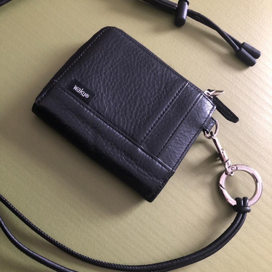 WAKU ネックウォレット コンパクト 財布 黒 ブラック レザー 革 小さい