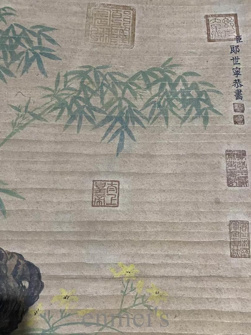 中国古美術『郎世寧款 犬画』三尺中堂画 掛軸 竹と岩風景 宣紙 唐物 肉筆 模写