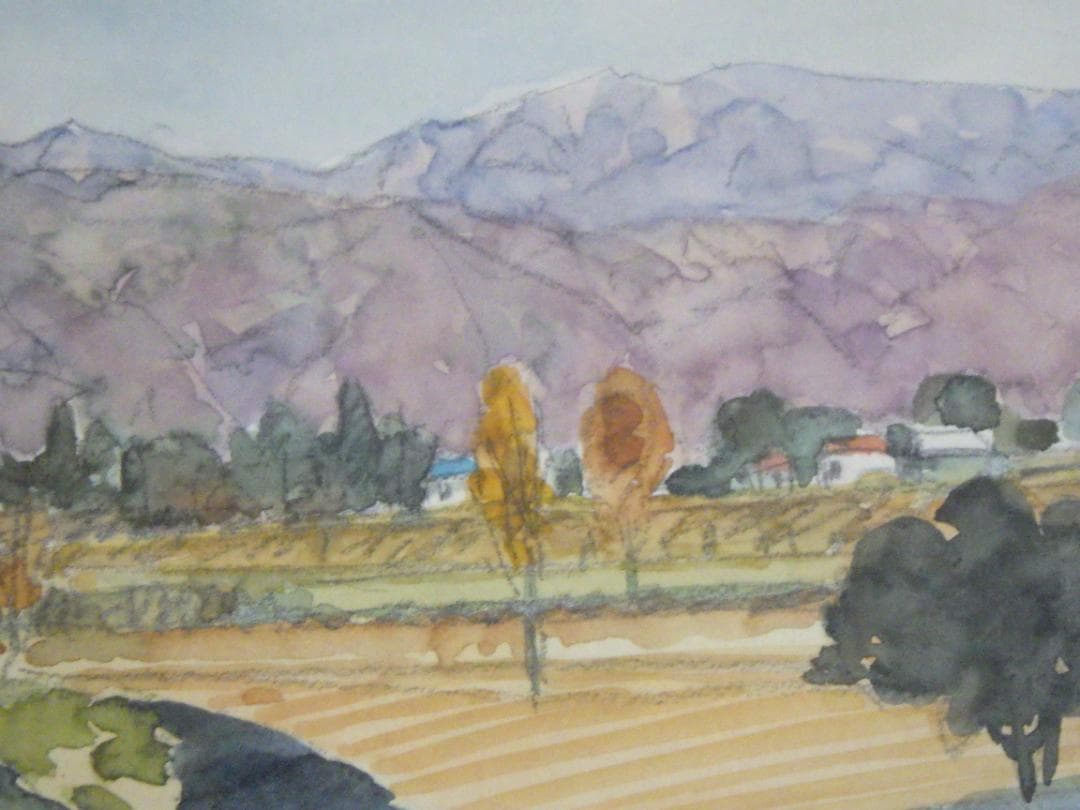 真作 水彩 肉筆 牧利保 安曇野にて 直筆サイン 略歴シール 額装