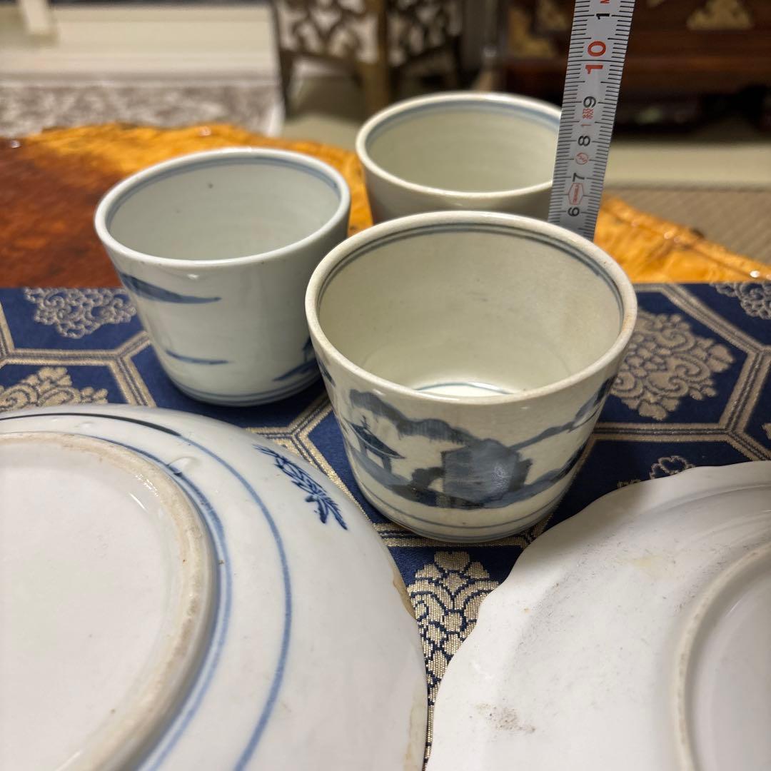 骨董蕎麦猪口大、中、小3点陶器皿セット（青い風景画・花柄）