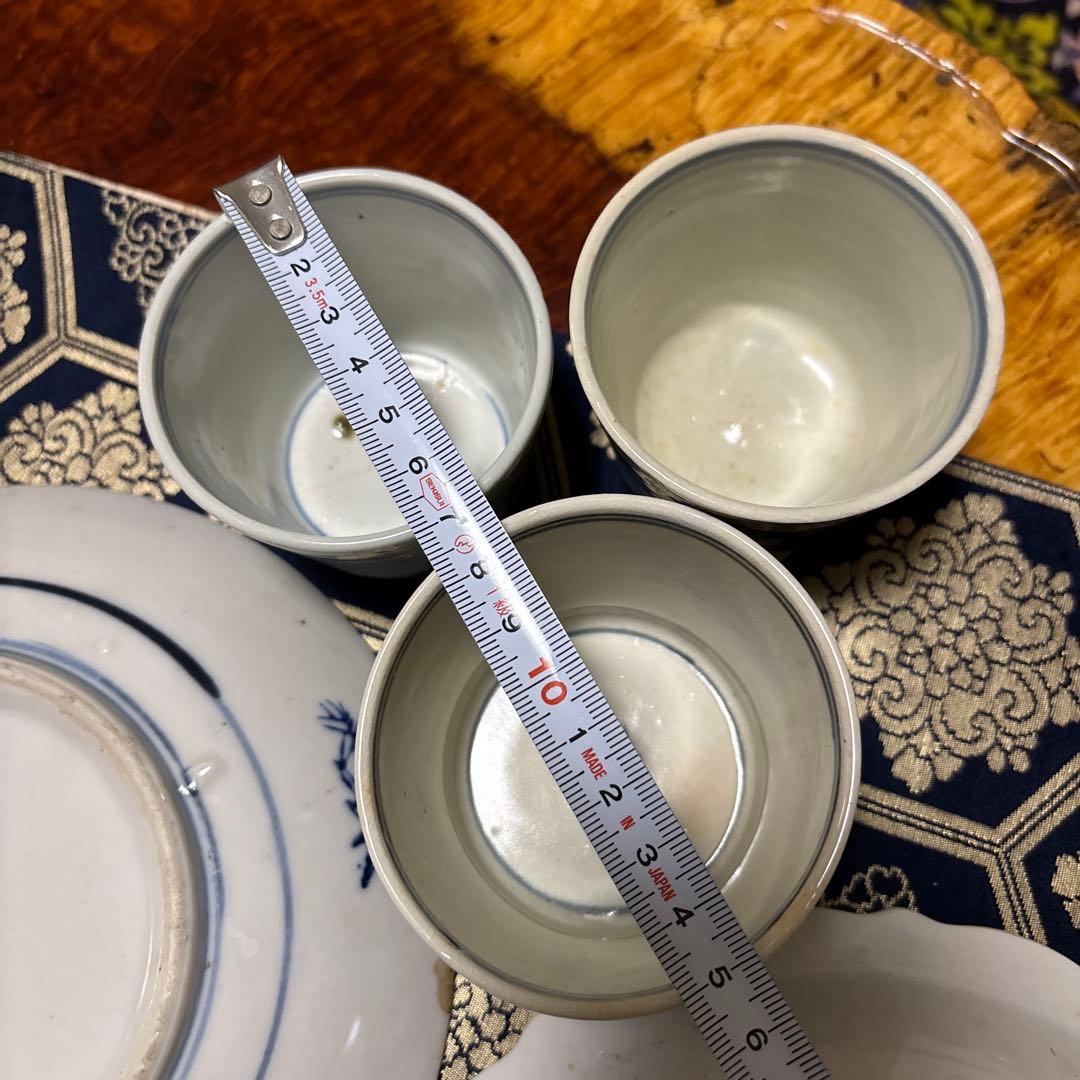 骨董蕎麦猪口大、中、小3点陶器皿セット（青い風景画・花柄）