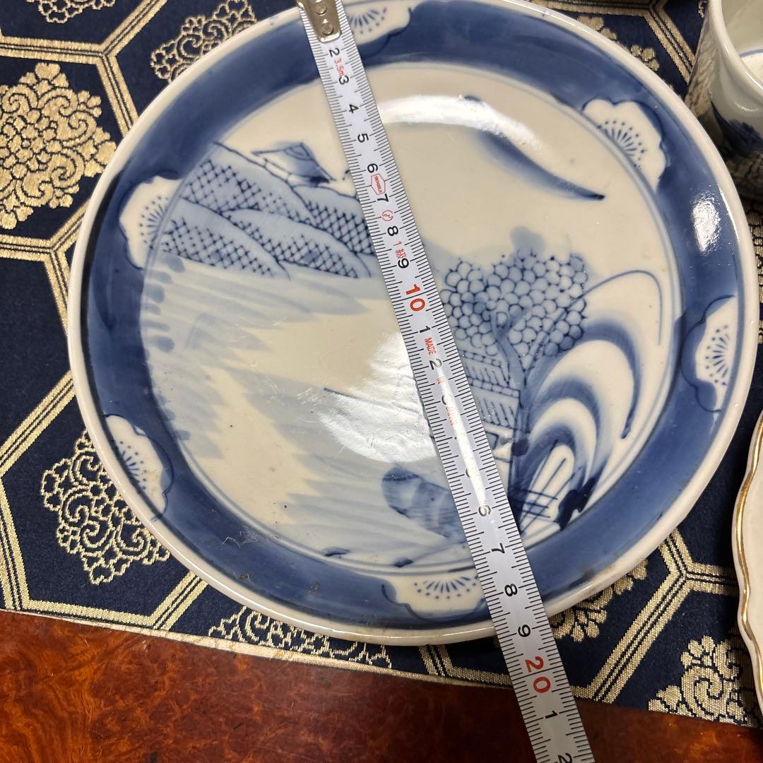 骨董蕎麦猪口大、中、小3点陶器皿セット（青い風景画・花柄）