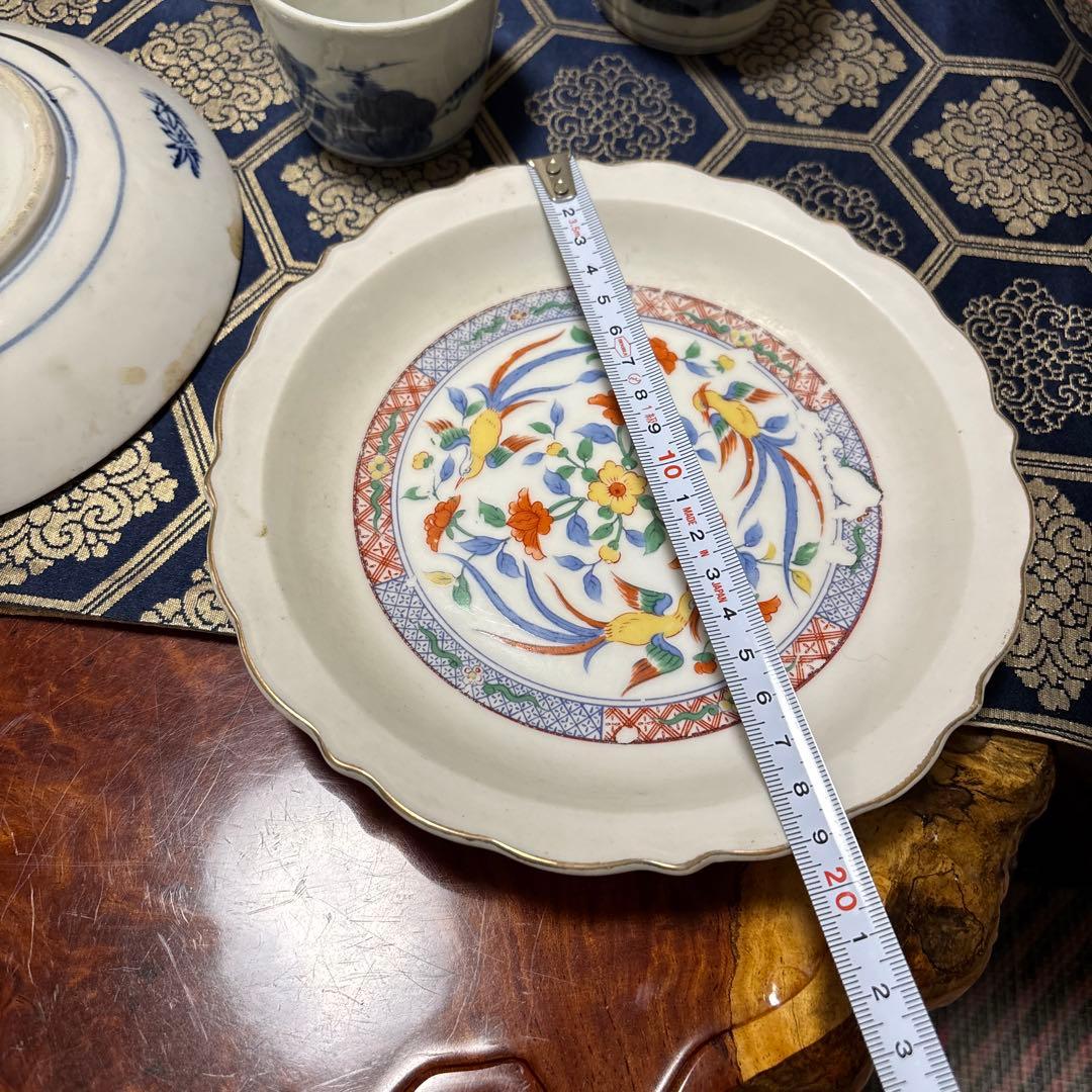 骨董蕎麦猪口大、中、小3点陶器皿セット（青い風景画・花柄）