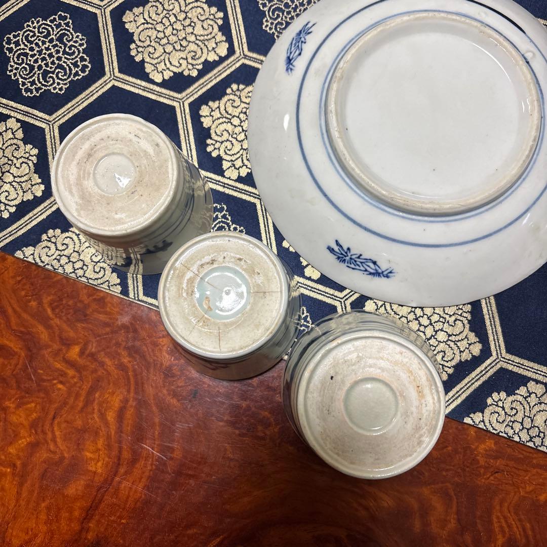 骨董蕎麦猪口大、中、小3点陶器皿セット（青い風景画・花柄）