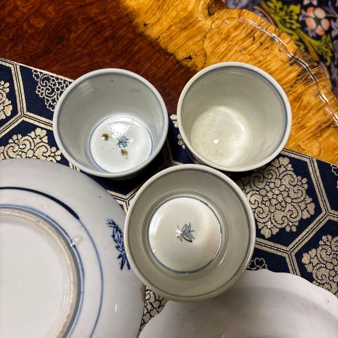 骨董蕎麦猪口大、中、小3点陶器皿セット（青い風景画・花柄）