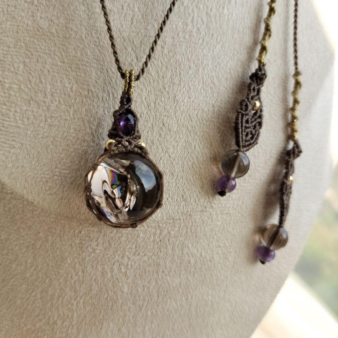 アイリススモーキークォーツ　アメジスト　マクラメ編みネックレス