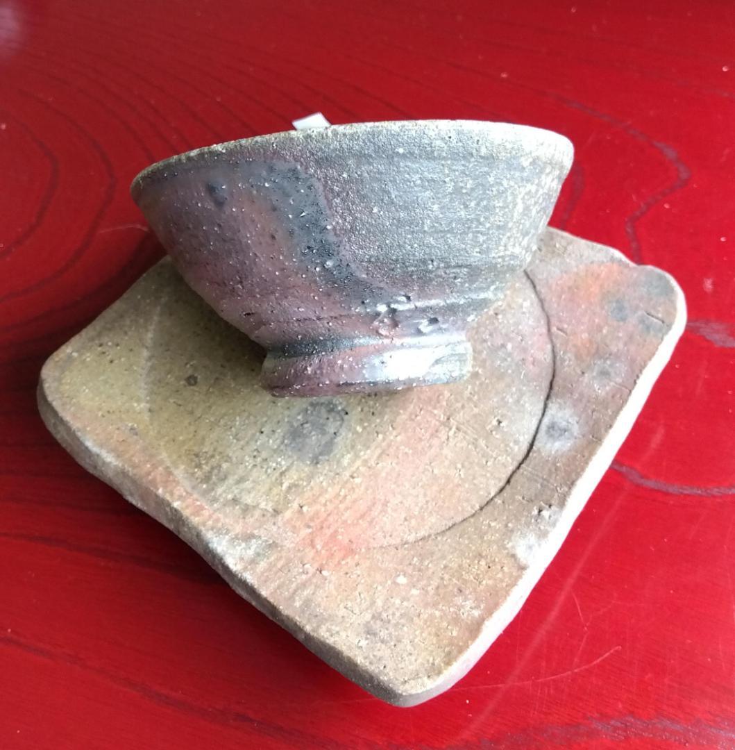 越前焼名工　白越不朝　塩越窯自然灰釉究極美逸品ぐい呑み湯呑3種茶托セットNo:2