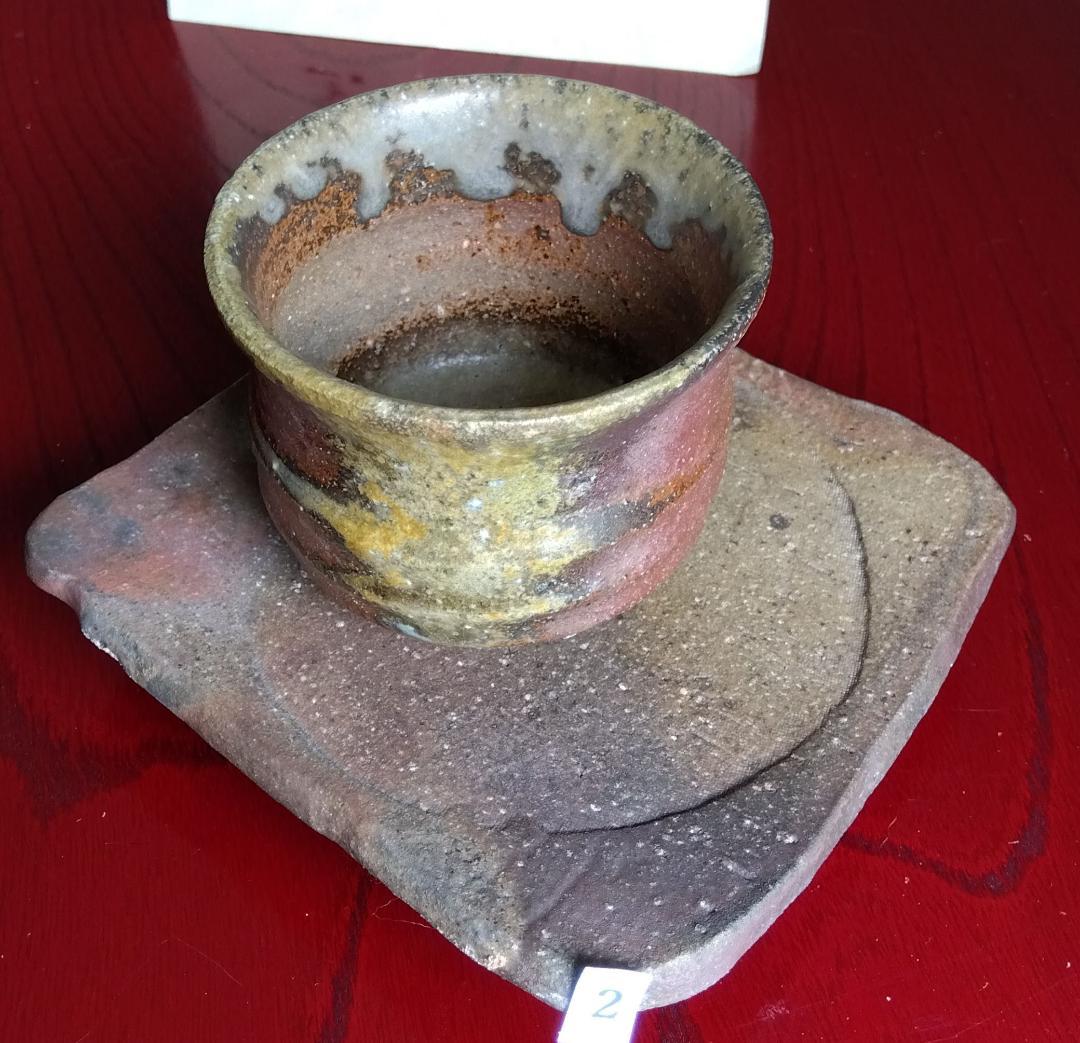 越前焼名工　白越不朝　塩越窯自然灰釉究極美逸品ぐい呑み湯呑3種茶托セットNo:2