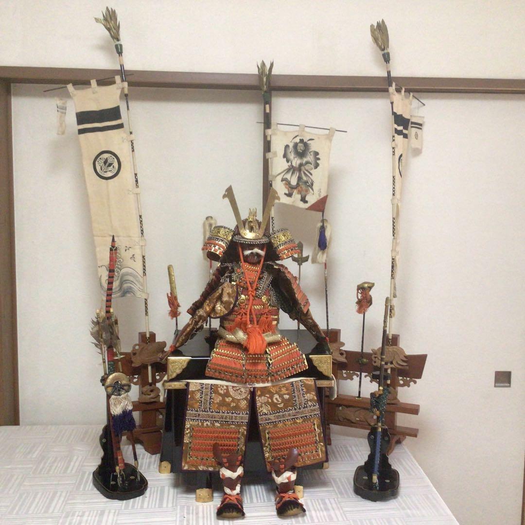五月人形　手彫りの飾り台/正絹のぼり旗　ヴィンテージ