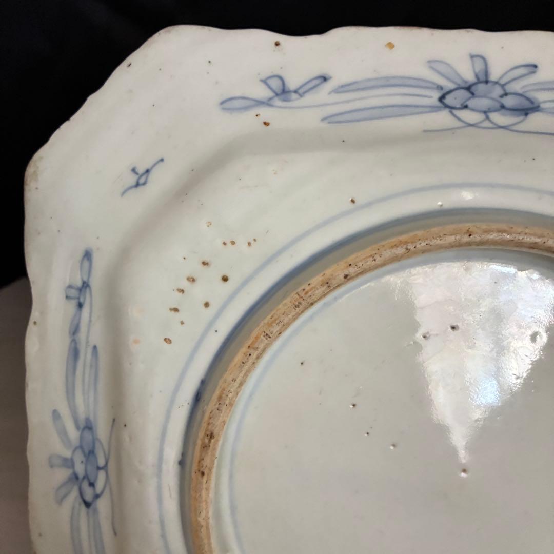 染付 隅切角皿　約26.5㌢皿 飾り皿 骨董 呉須　鑑賞用　霊芝花瓶文 金継ぎ用